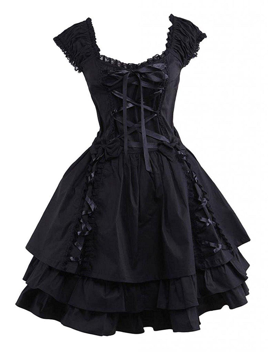 AincluWomens Classic Black Layered Lace-Up Cotton Lolita Dress
