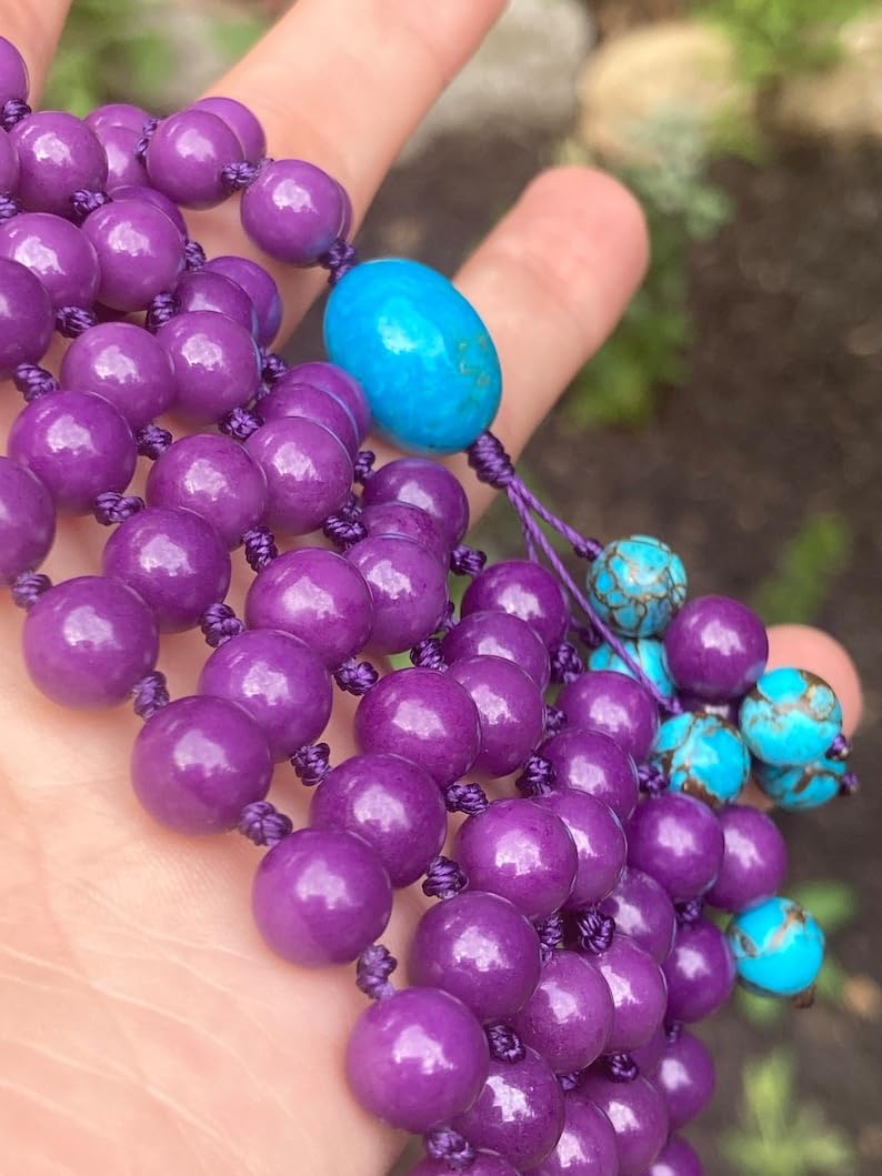 Mala de fosfosiderita con cuentas de piedra turquesa Kingman, collar 108 Mala, nudo, collar WWG, joyería de yoga, cuentas de meditación, joyería espiritual, joyería bohemia, 34inch,