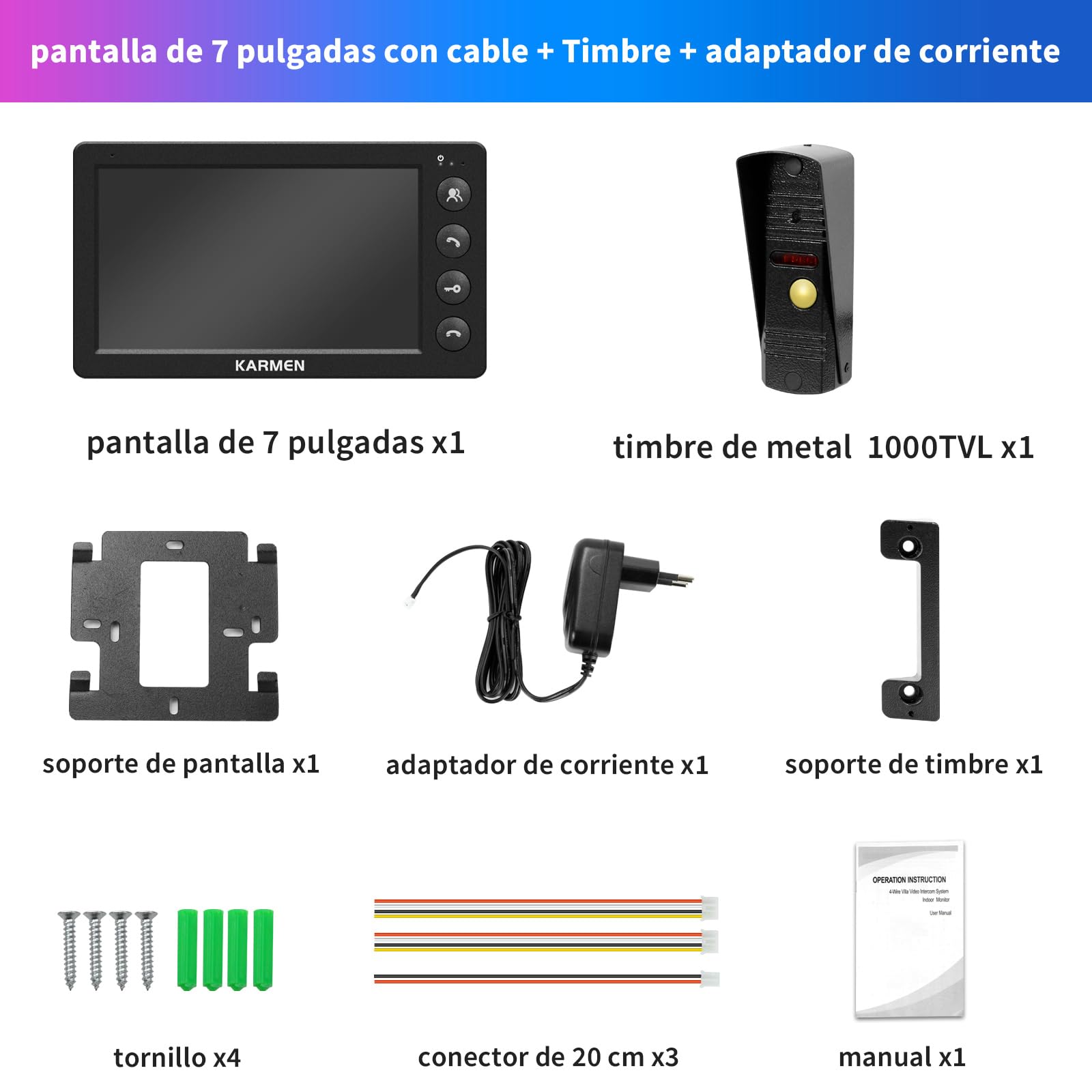 Karmen Portero con vídeo de 7 Pulgadas, Timbre de Metal, visión Nocturna infrarroja, Impermeable IP65, 16 Tonos, Control Remoto, Negro