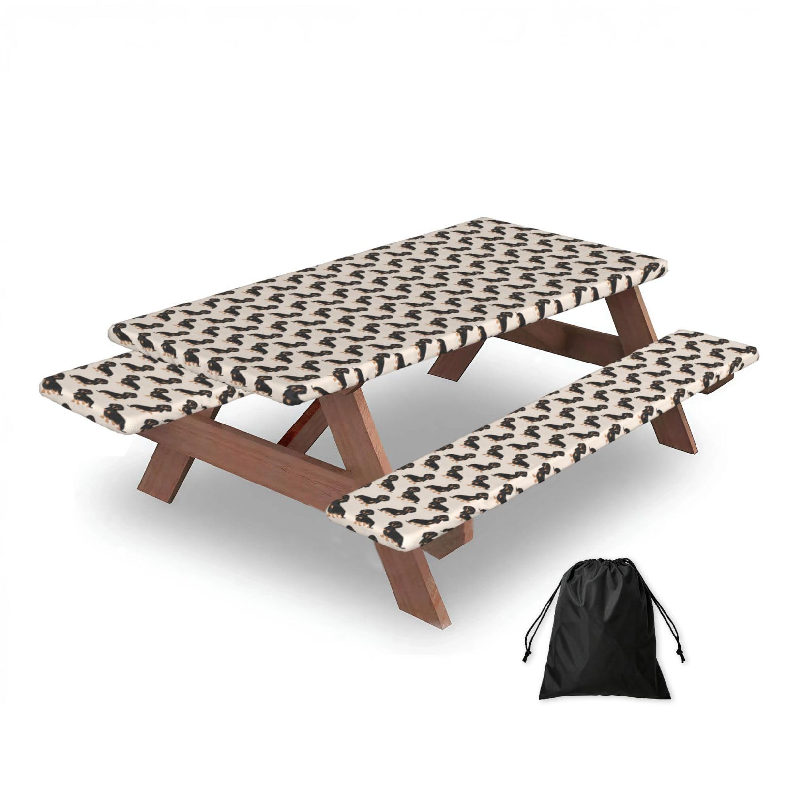 Dopklna As Picture Sausage Dog, Picnic Table Cover With Bench Covers -Waterproof Elastic Fitted Tablecloth For Garden Camping Patio 76X152cm