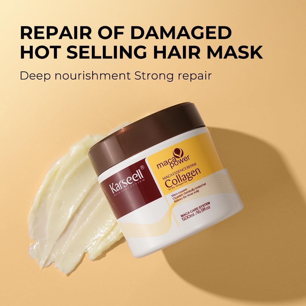 Karseell Maca Essenz Reparatur Set, Kollagen Haarmaske & Haaröl Tiefenreparatur Haarpflege für Trockenes Geschädigtes Haar Alle Haartypen 500ml + 50ml