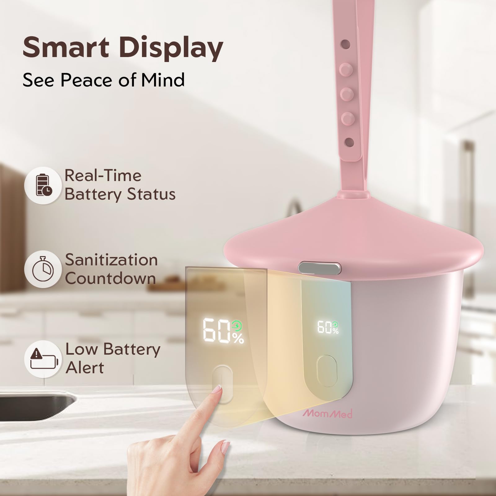 MOMMED Sterilizzatore Ciuccio Portatile UV-C, Custodia Sterilizzatore per Ciuccio con 6 LED, Pulizia Rapida in 1 Minuti, Porta Ciuccio Ricaricabile USB-C con Display, Ideale per Casa e Viaggio, Rosa