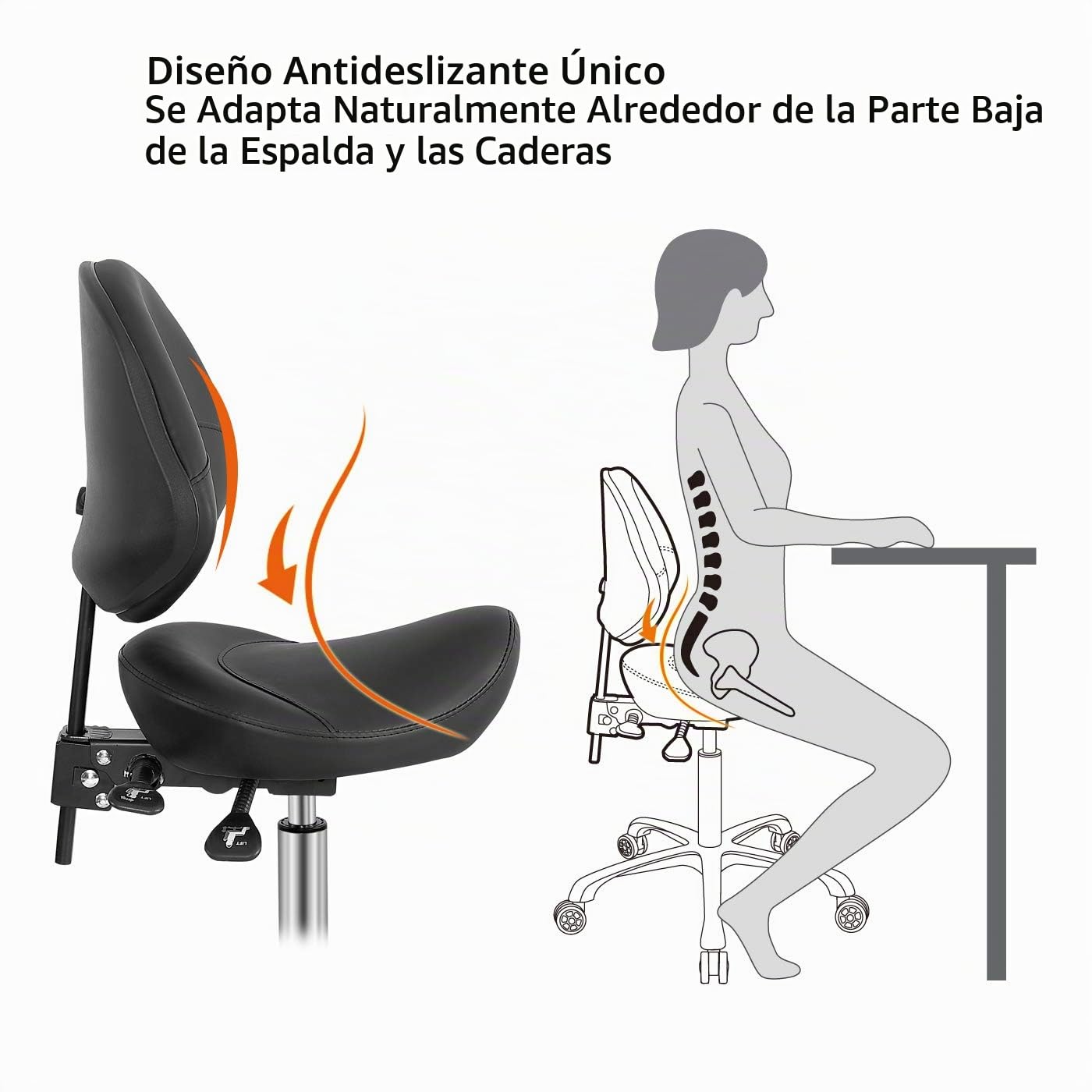 Taburete de silla con soporte trasero, resistente (350 libras), silla giratoria hidráulica giratoria ajustable para salón, spa, belleza, masaje, uso en casa y oficina (con respaldo, negro)