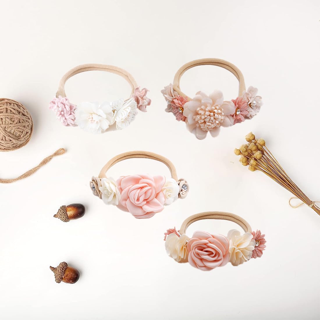 SJBAUTYO 3 Bandeaux Bébé Fille - Nylon Doux Fleurs Élastiques - Accessoires Cheveux Nouveau-Né