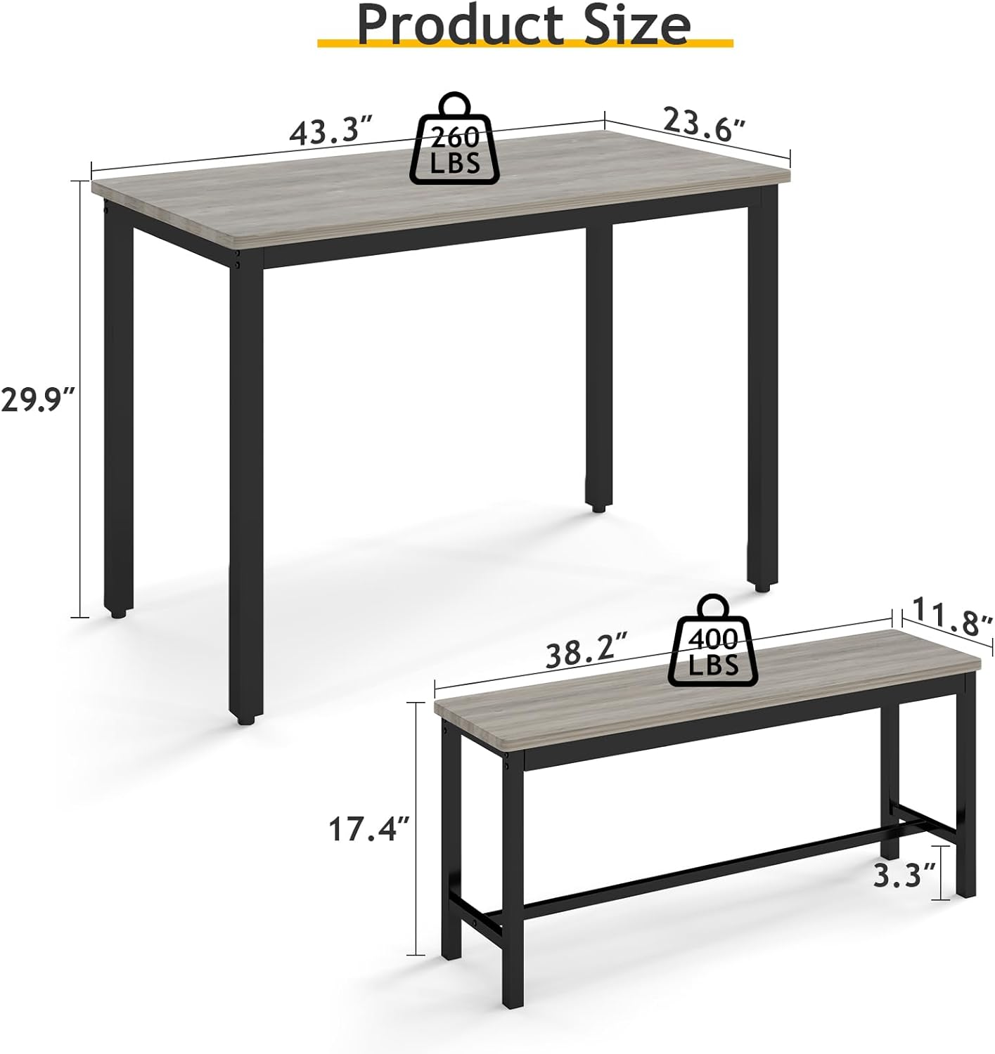 Rovibek Dining Room Table Chairs Set for 4, Modern Space Saving Kitchen Table with 2 Benches & Adjustable Feet Breakfast Table, Farmhouse Wooden Industrial Style, 43", Grey