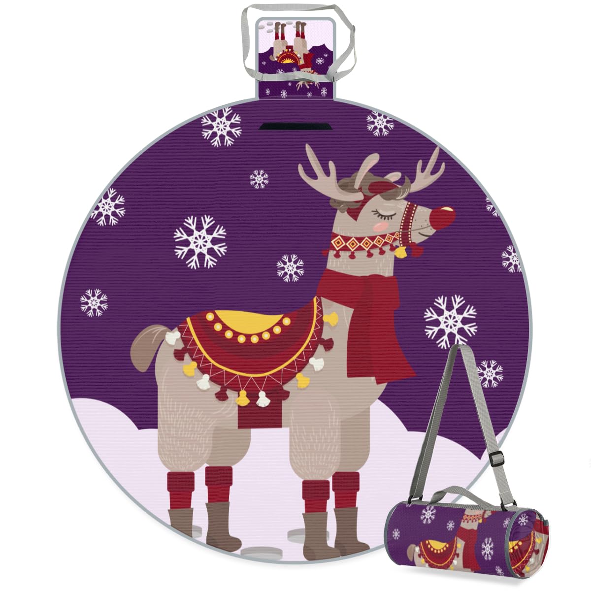 Shimoshe Snowflake Deer Picnic Outdoor Blanket Foldable Waterproof Sandproof Beach Blanket Portable Water-Resistant Round Picnic Mat for Travel Camping Park Lawn