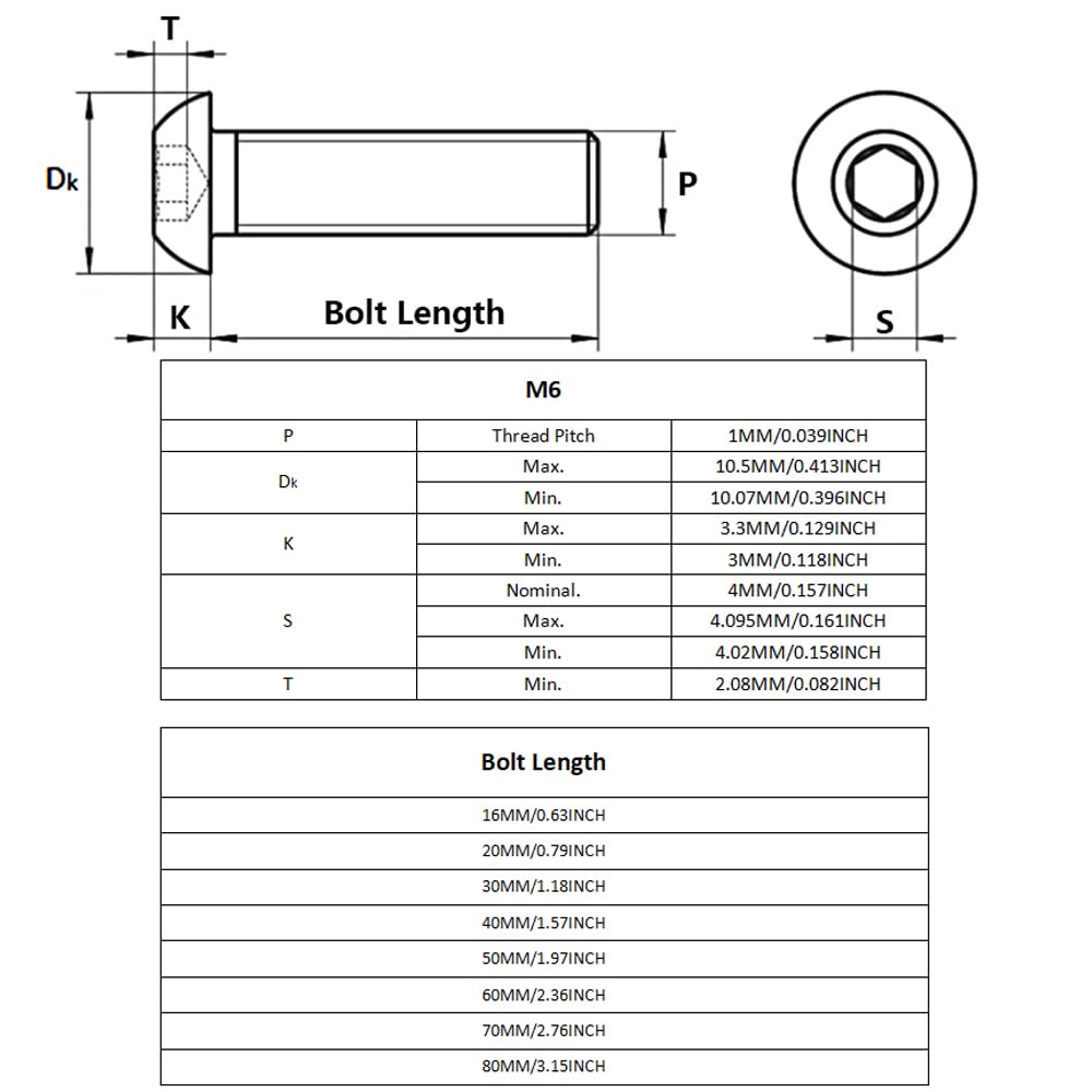 Lot de 100 boulons à tête cylindrique M6 x 20 mm en acier inoxydable, vis à tête cylindrique M6, vis à métaux argentées avec tête ronde pour réparation de menuiserie maison
