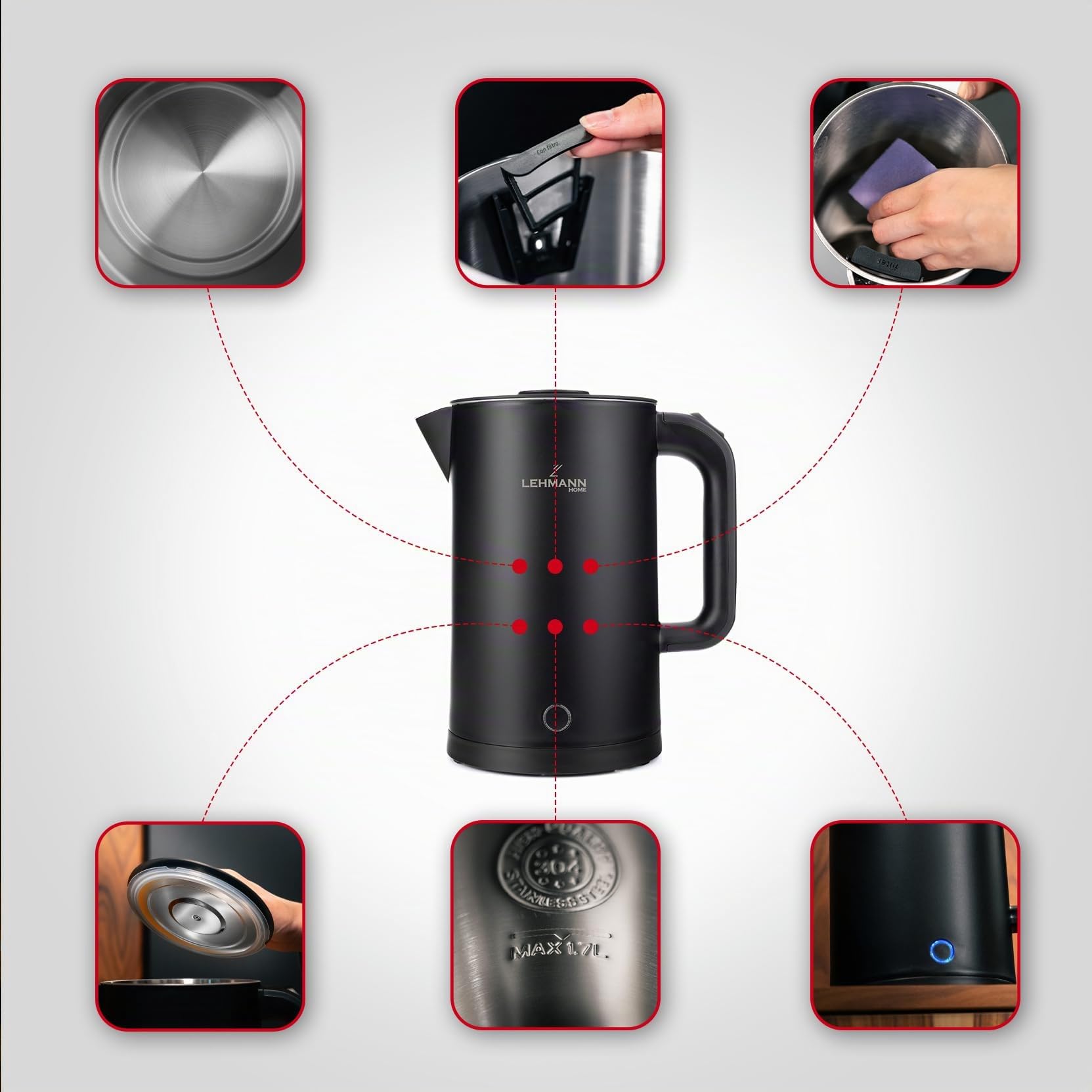 LEHMANN Bollitore Elettrico, 1,7L, 2200W, Riscaldamento Rapido, Design a Doppia Parete, Acciaio Inox, Base Girevole 360°, Spegnimento Automatico, BPA-free – per Tè, Caffè, Pappe, Nero