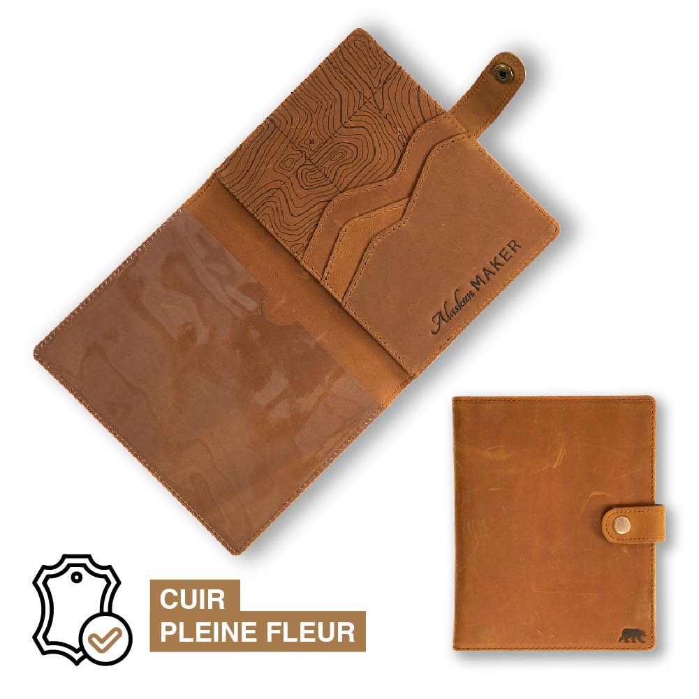 Alaskan MAKER - Custodia per carte di credito grigia in pelle pieno fiore - Archiviazione documenti auto e carte - Protezione RFID - Chiusura sicura con bottone a pressione - Formato compatto e