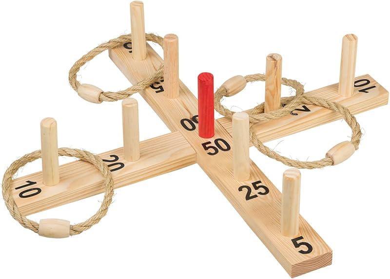 Idena 40199 Jeu de Lancer d'anneaux en Bois avec 9 Baguettes et 4 Anneaux en sisal, Jeu d'adresse pour Enfants et Adultes, Jeu de Sport en Plein air Populaire pour l'été, Le Jardin ou Le Parc