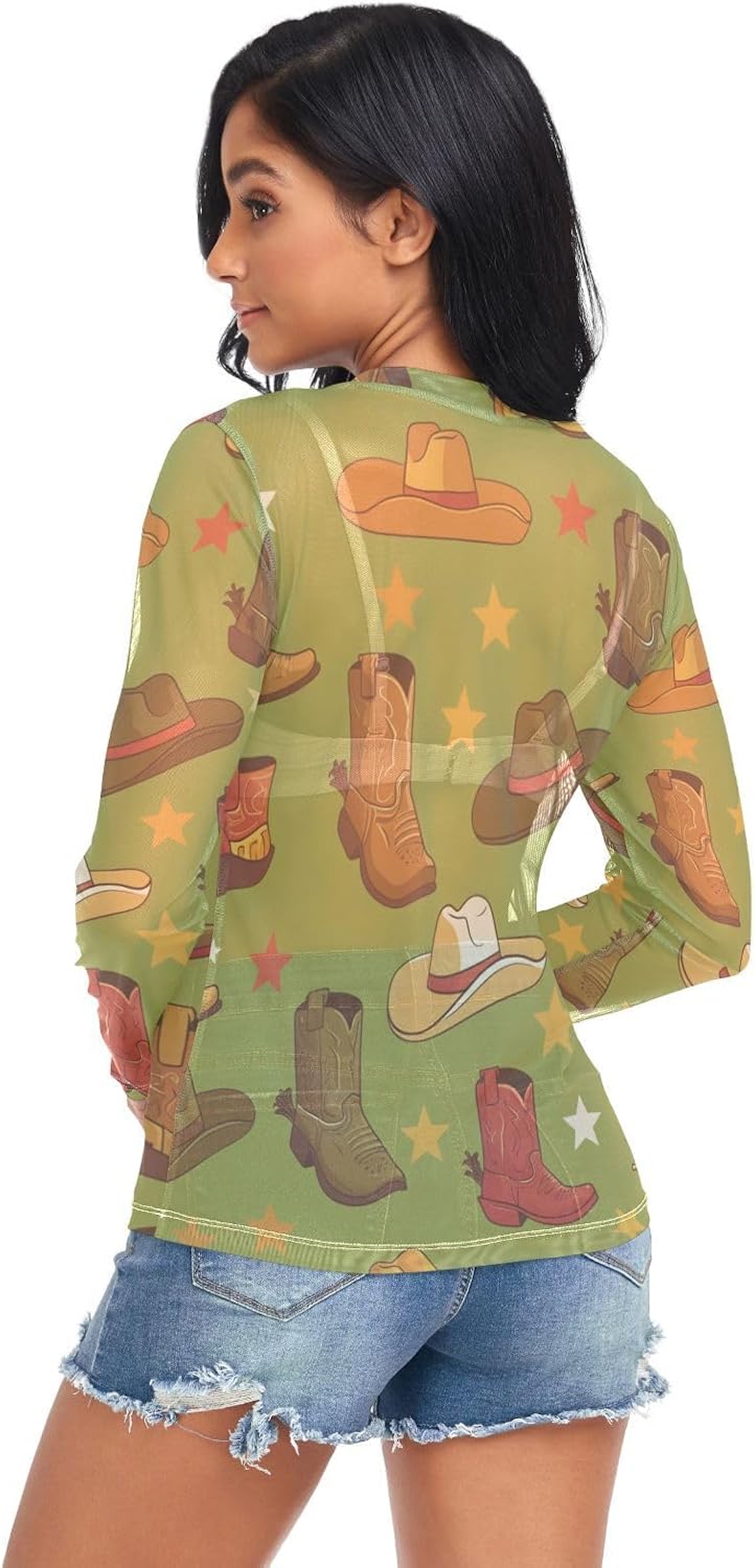 Christmas Holly Leaves Green Women's See Through Mesh Top Shirt With O Neck - Image 2