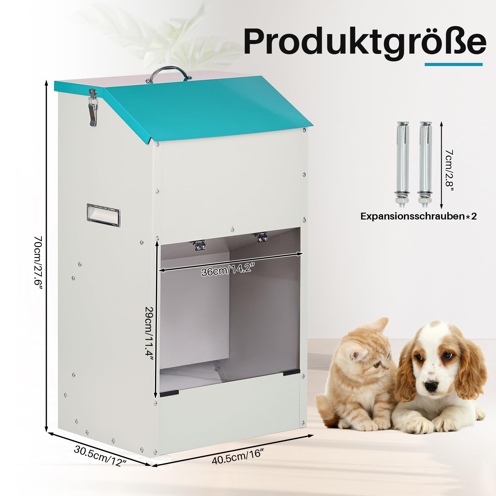 Futterautomat für Hunde - Fassungsvermögen 22 kg, mit Deckel Zum Schutz des Futters, Nagetiersicheres Design, Geeignet für den Außeneinsatz (70X30X40)