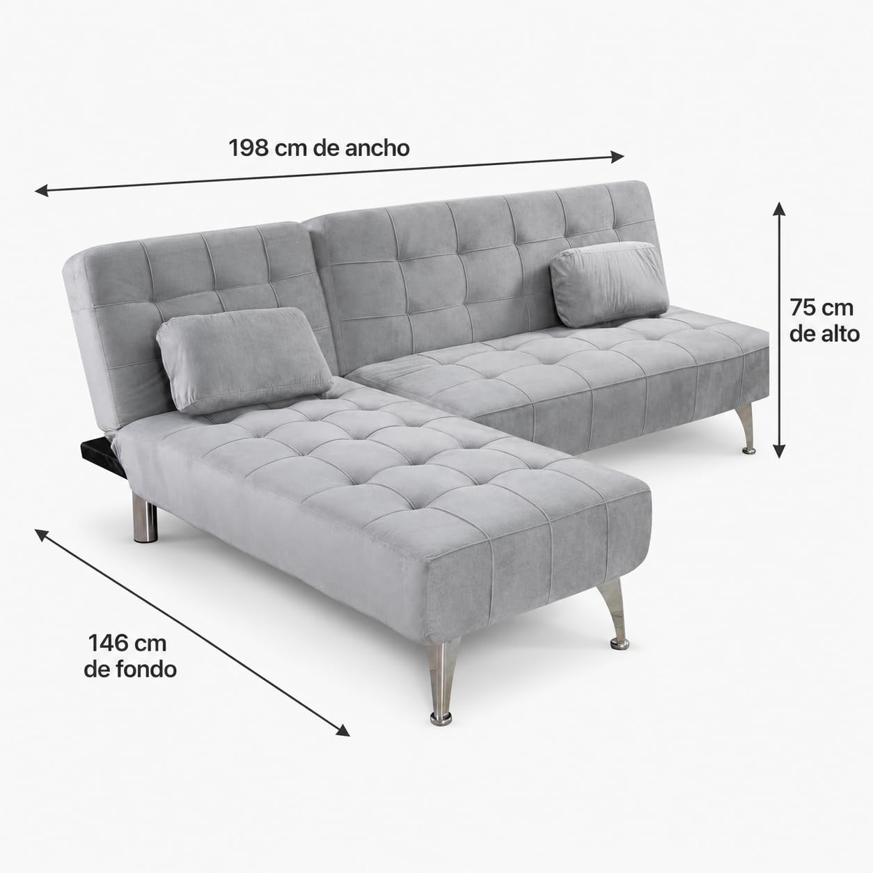 Sofá Cama AROA-XS - Multifuncional, Chaise Longue Reversible XS, 198x146cm - Compacto y Cómodo con Diseño Multifuncional (Gris Terciopelo)