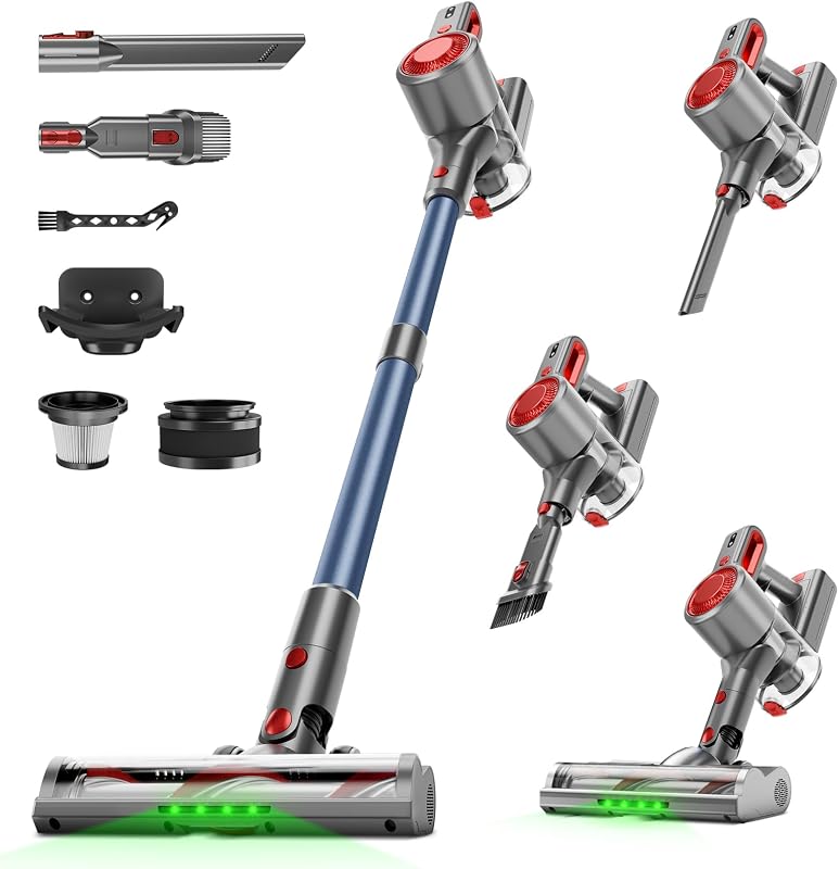 Cordless Vacuum Cleaner, Powerful Stick Vacuum with Green Light Anti-Tangle Brush, Removable Battery, 6-in-1 Lightweight Handheld for Pet Hair, Carpet & Hard Floors, Red