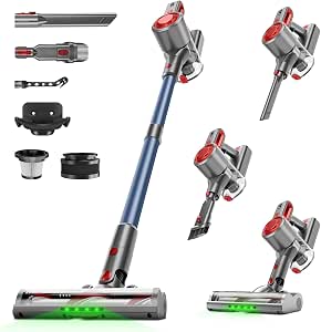 Cordless Stick Vacuum Cleaner with Green Light Anti-Tangle Brush, Removable Battery, 6-in-1 Lightweight Handheld, Red
