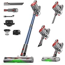 Cordless Vacuum Cleaner, Powerful Stick Vacuum with Green Light Anti-Tangle Brush, Removable Battery, 6-in-1 Lightweight Handheld for Pet Hair, Carpet & Hard Floors, Red