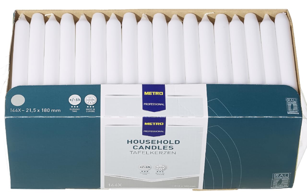 METRO PROFESSIONAL Tafelkerzen, Paraffin, Ø 2.15 x 18 cm, Brenndauer 6 Stunden, weiß, 144 Stück