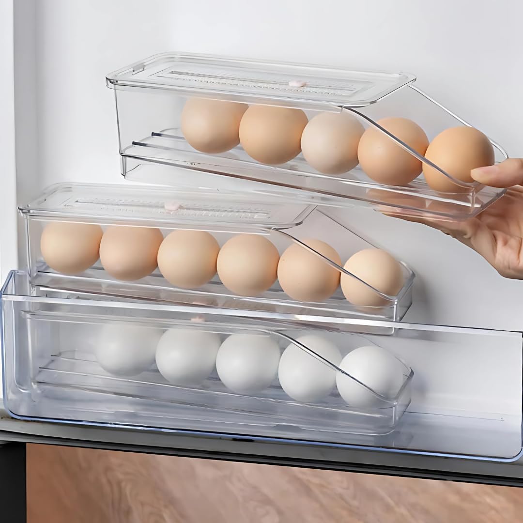 Single 6 Eggs Storage Dispenser for Fridge - Stackable Plastic Egg Tray Box with Auto Rolling Feature - Egg Dispenser for Fridge 6 eggs - Compact Egg Organizer for Kitchen (TRANSPARENT)