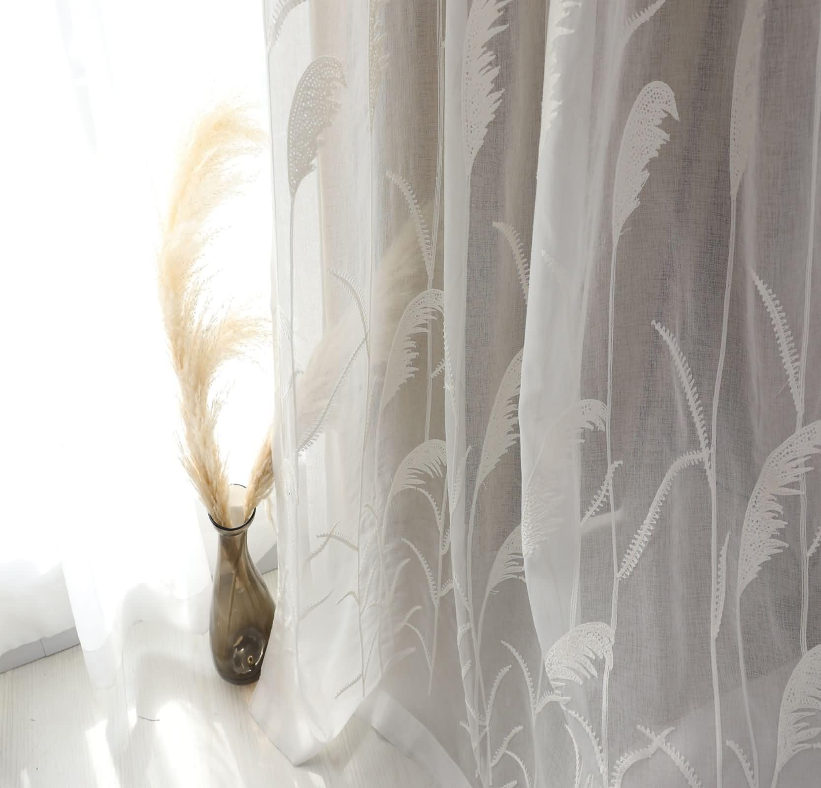 Voile Gardinen Transparent 2er Set,2 x 137W x 183H cm,Vorhänge Wohnzimmer Durchsichtig Weiß Blätter Muster Gardinen für Gardinenhaken