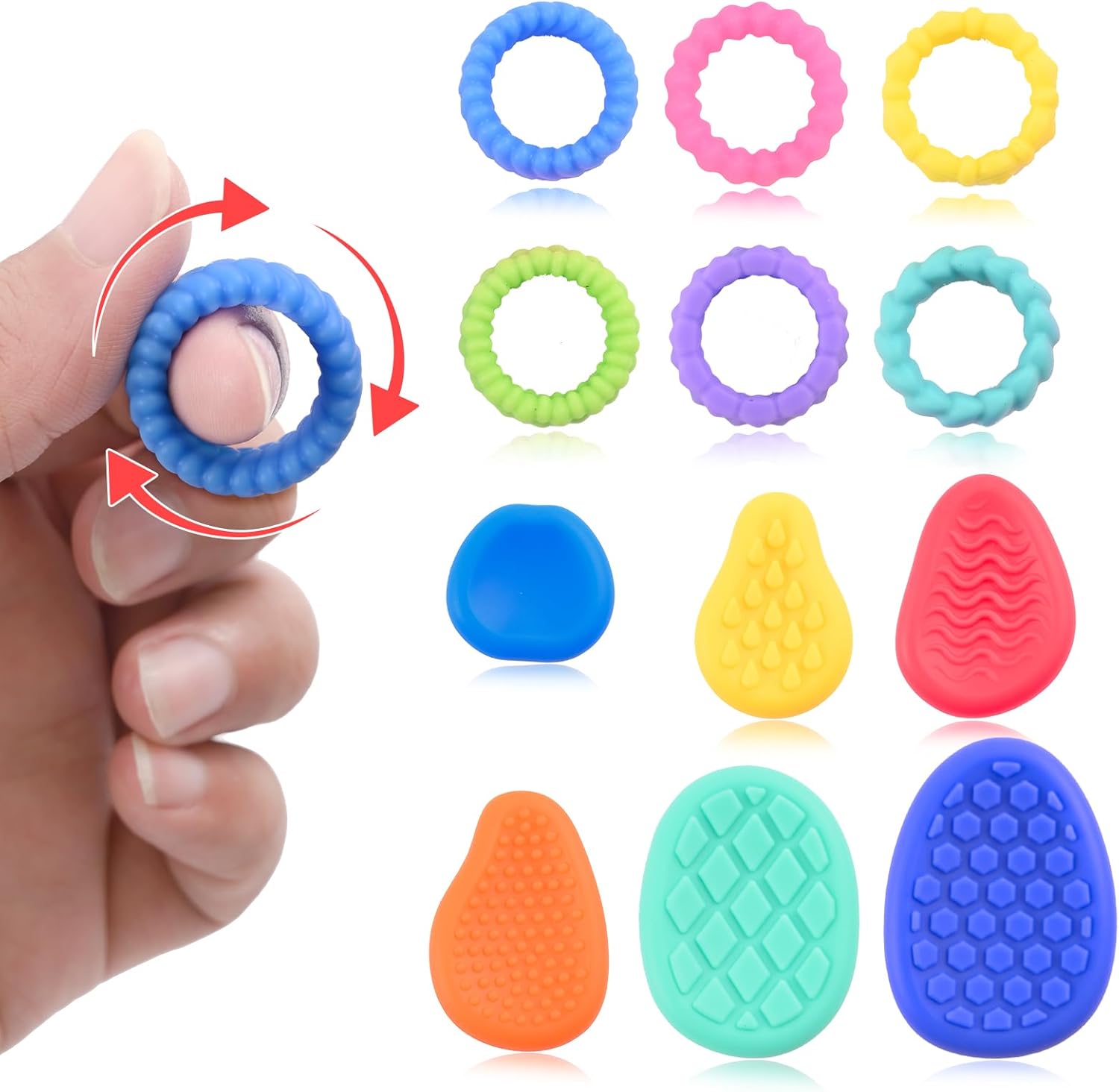 12 Pack Sensory Stone and Rings Fidget Toys for Kids and Adults Finger Spinner Rings Textured Worry Stone for Autism Calming Down Fun