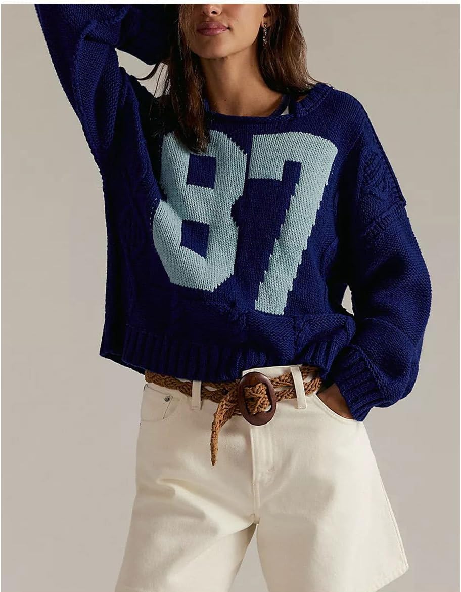 Women Colorblock Number Pullover Sweater Crewneck Long Sleeve Casual Loose Cable Knit Jumper Oversized Fall Top - Image 5