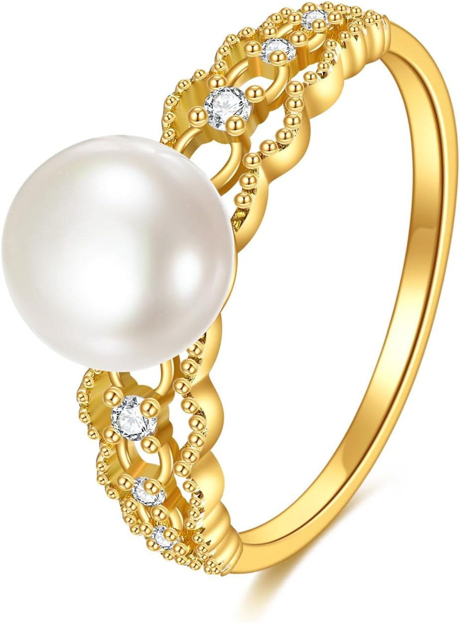 DOVRAN 14K Gold Pearl Ring for Women Real Yellow Gold Filigree Engagement Ring Trendy Jewelry Birthday Mother's Day Gifts for Wife Mom