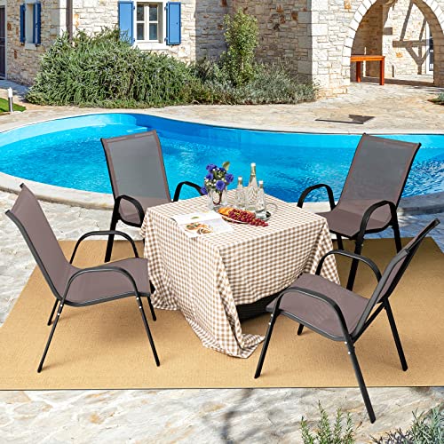 Image of Giantex Patio Chairs Set of 2, Stackable Outdoor Dining Chairs with Breathable & Quick-Dry Fabric & Armrests for All Weather, Lawn, Backyard, Poolside,Porch, Deck, 330 LBS Capacity (Brown)