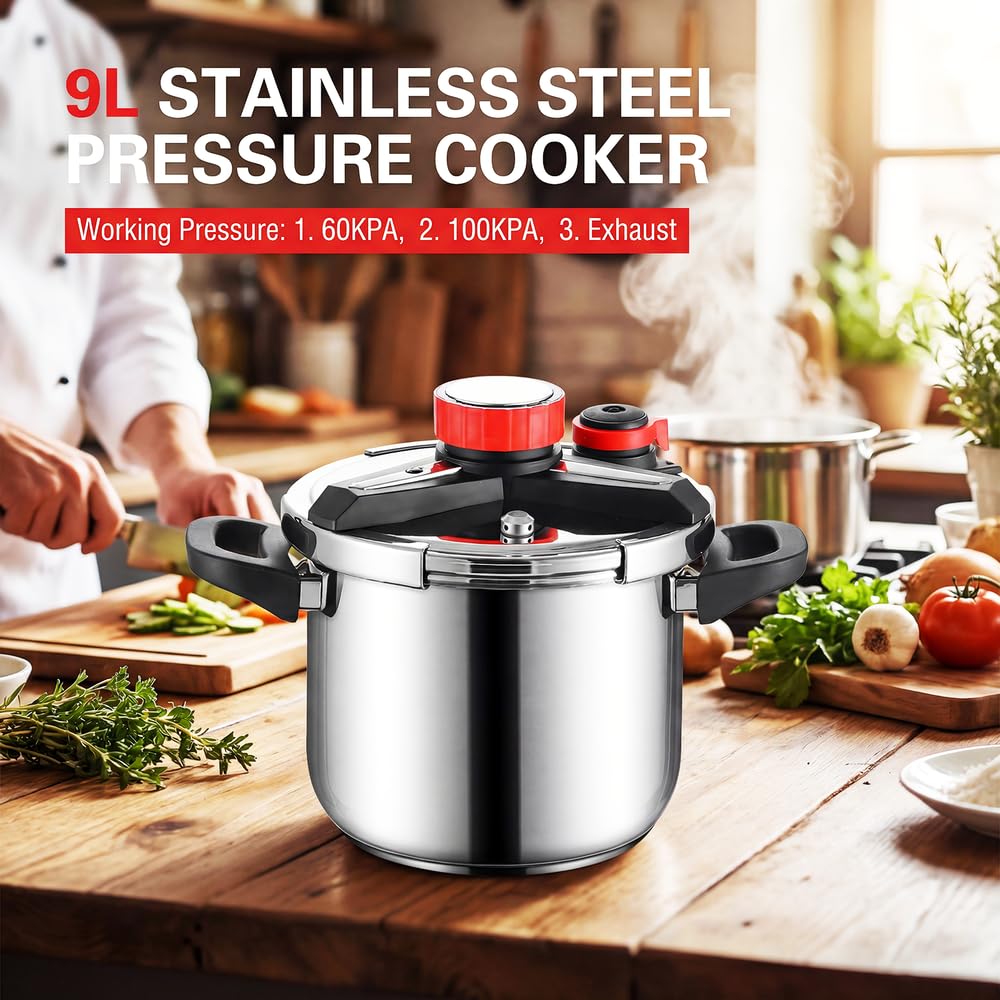 Pentola a pressione 4 in 1 in acciaio inox 304 da 12 l, a prova di esplosione, impostazioni 3 psi, con serratura a pressione con una sola mano e coperchio in vetro per vaporiera inclusi, compatibile