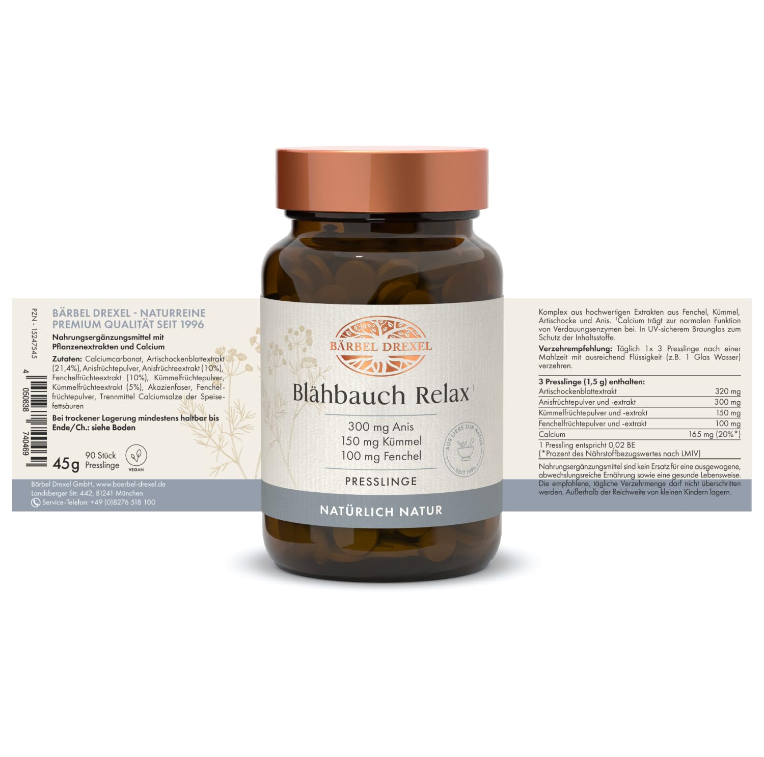 BÄRBEL DREXEL Blähbauch Relax mit Kümmel, Anis, Fenchel, Artischocken und Calcium (90 Stk) Verdauung unterstützen, Völlegefühl, Anti Blähungen Kapseln, Naturheilkunde Magen & Darm Tabletten