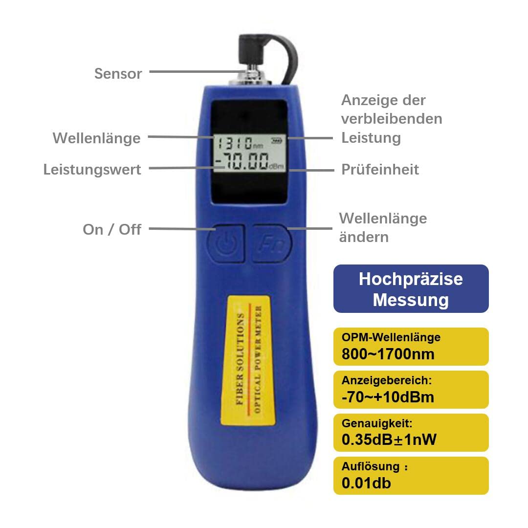 Optischer Leistungsmesser Mini Optical Power Meter -70~+10dBm 6 kalibrierte Wellenlängen Glasfaser hohe Präzision 68g