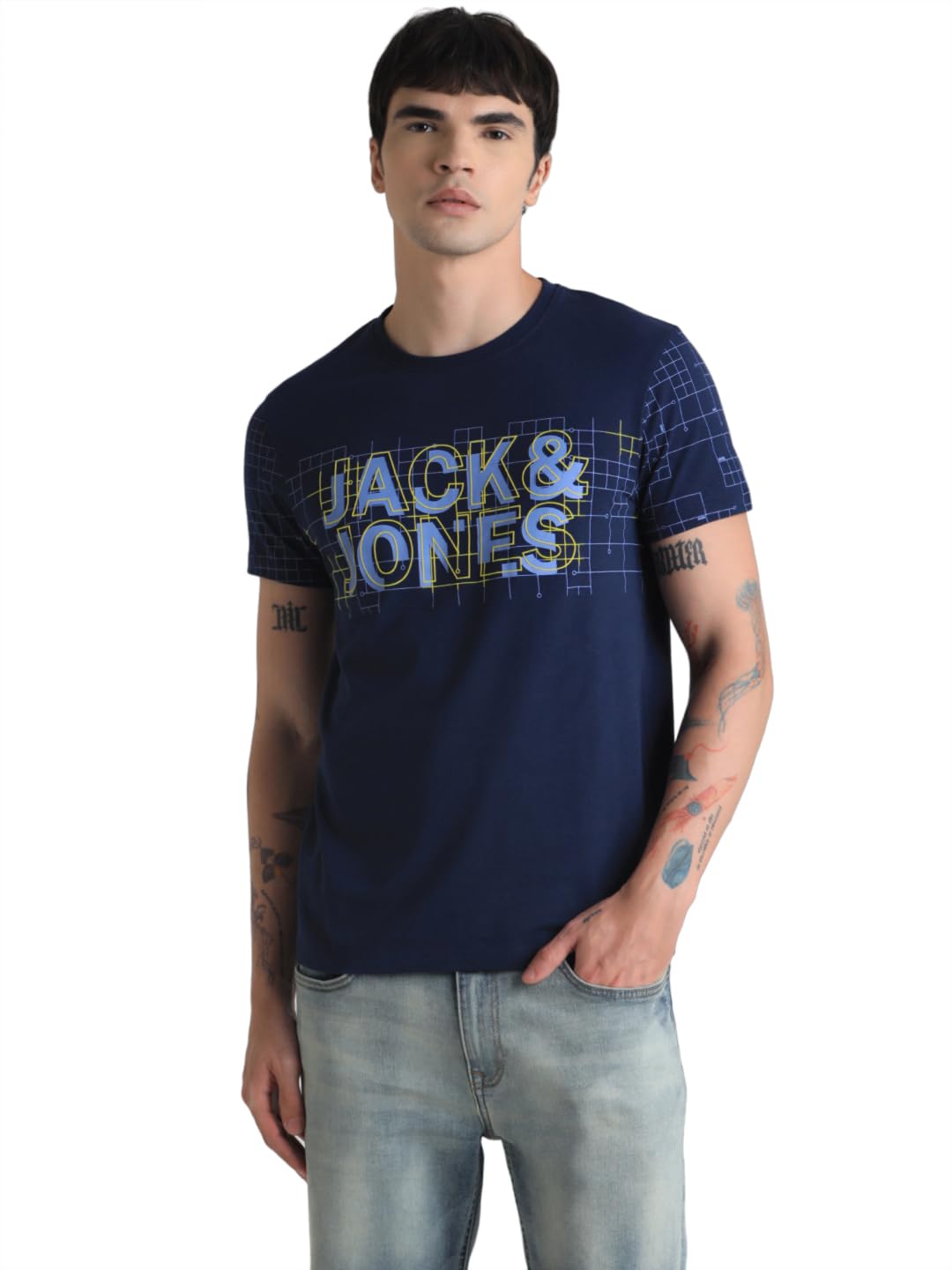 Jack & Jones Men Pure Cotton Typography Printed Slim Fit T-Shirt in multi