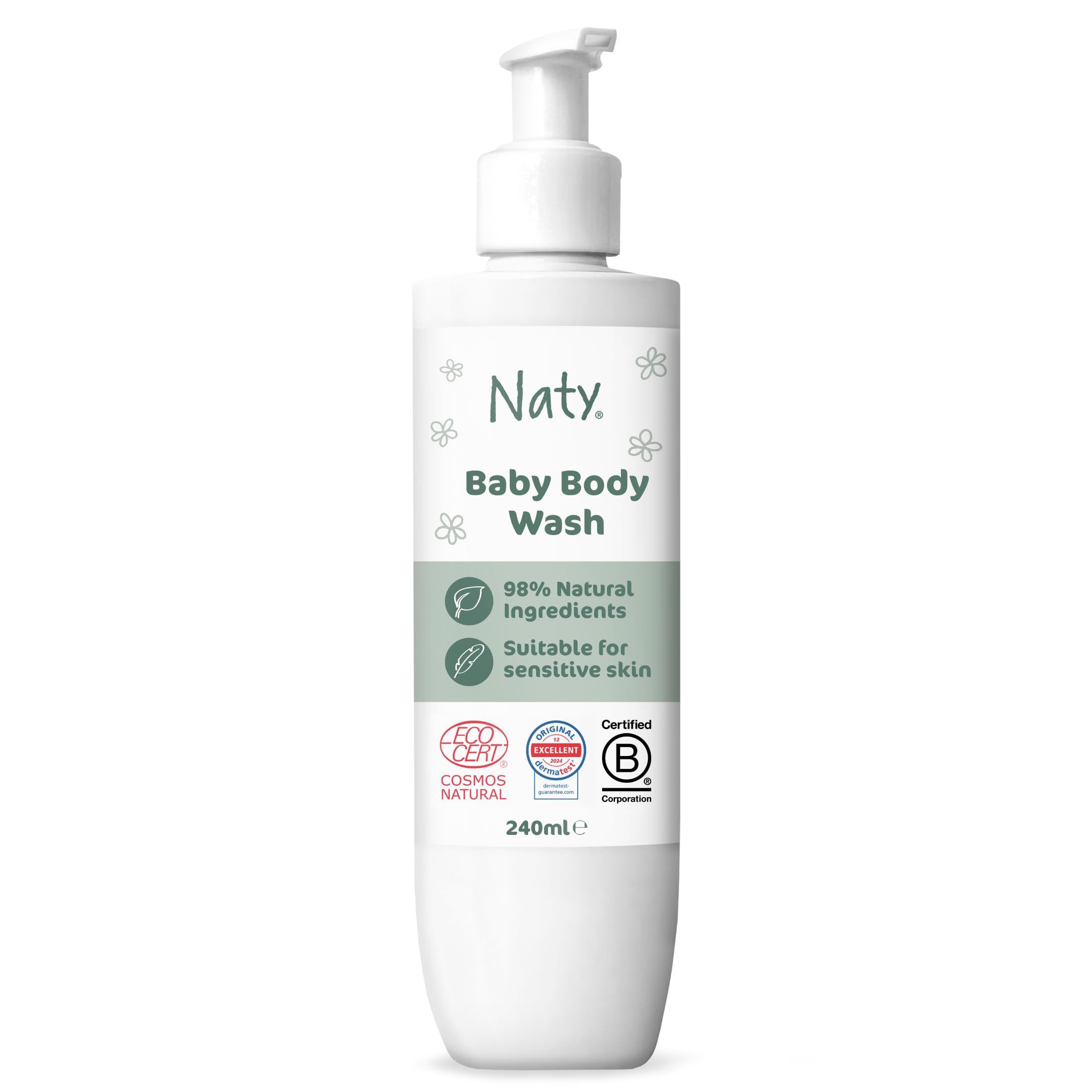 Naty Baby Body Wash 240ml – Natural Origin, Tear Free, Fragrance Free, SLS/SLES free, Dermatologically Tested, Vegan, COSMOS Natural Certified, For Sensitive Skin, Recycled Pump Bottle