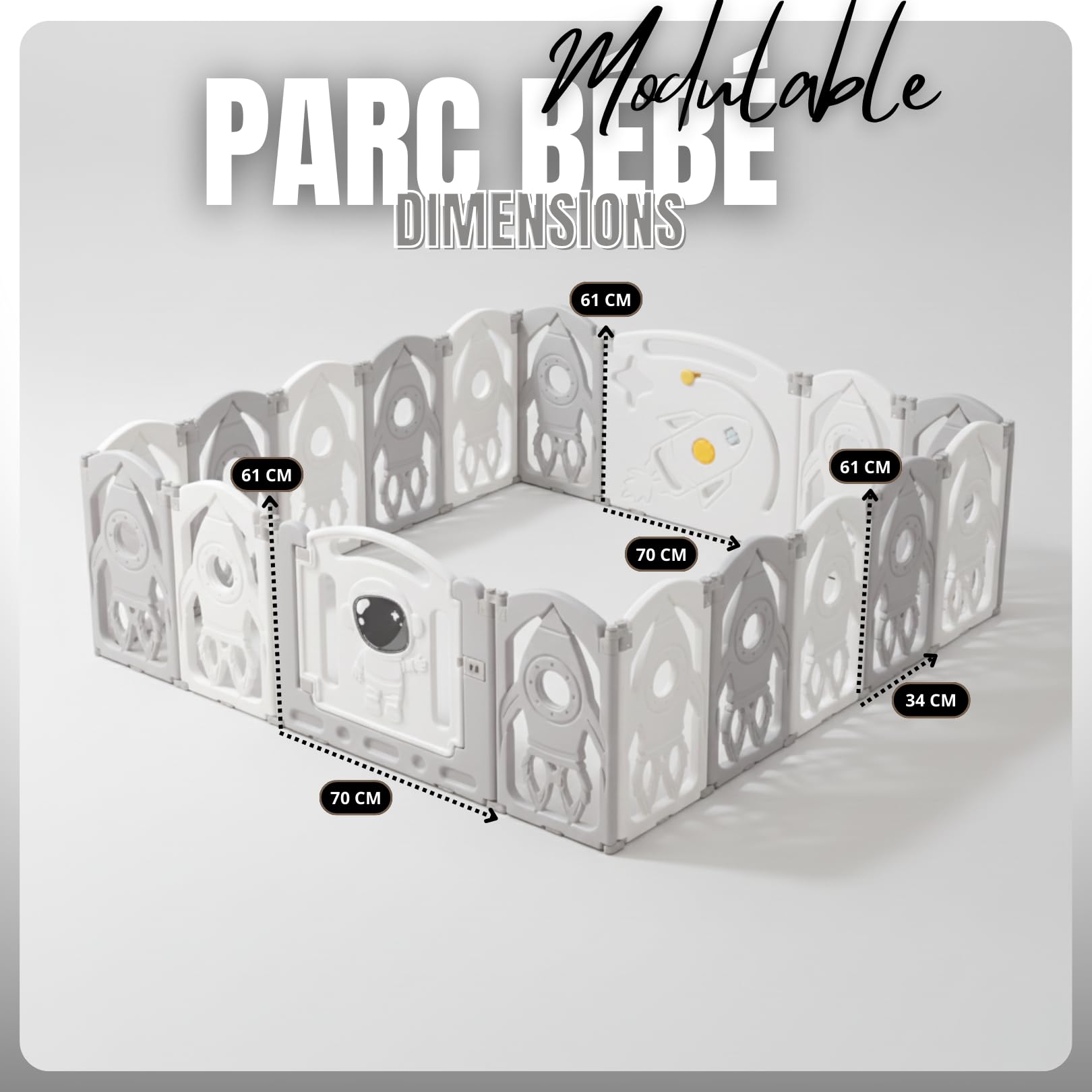 Parc Bébé Modulable 145x145 CM – Entreprise Française - Grand Parc Bébé Pliable Gris et Blanc – Aire de Jeu Sécurisée pour Enfant – Parc Modulable Bébé Évolutif – Parc Facile à Installer