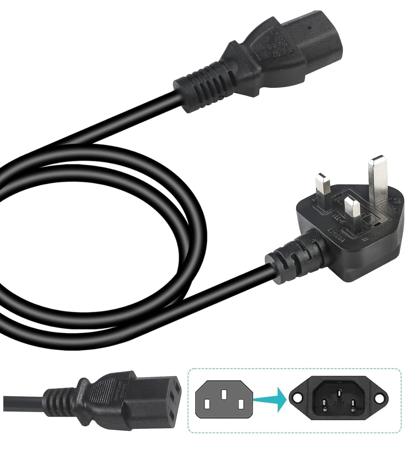 1.8 Metre UK Power Cable IECC13 to BS1363 Kettle Lead Power Cord, 13A 250V BS 1363 to C13 Kettle Lead/UK Power Cord, Power Supply Cable, TV/Monitor Power Cable,black