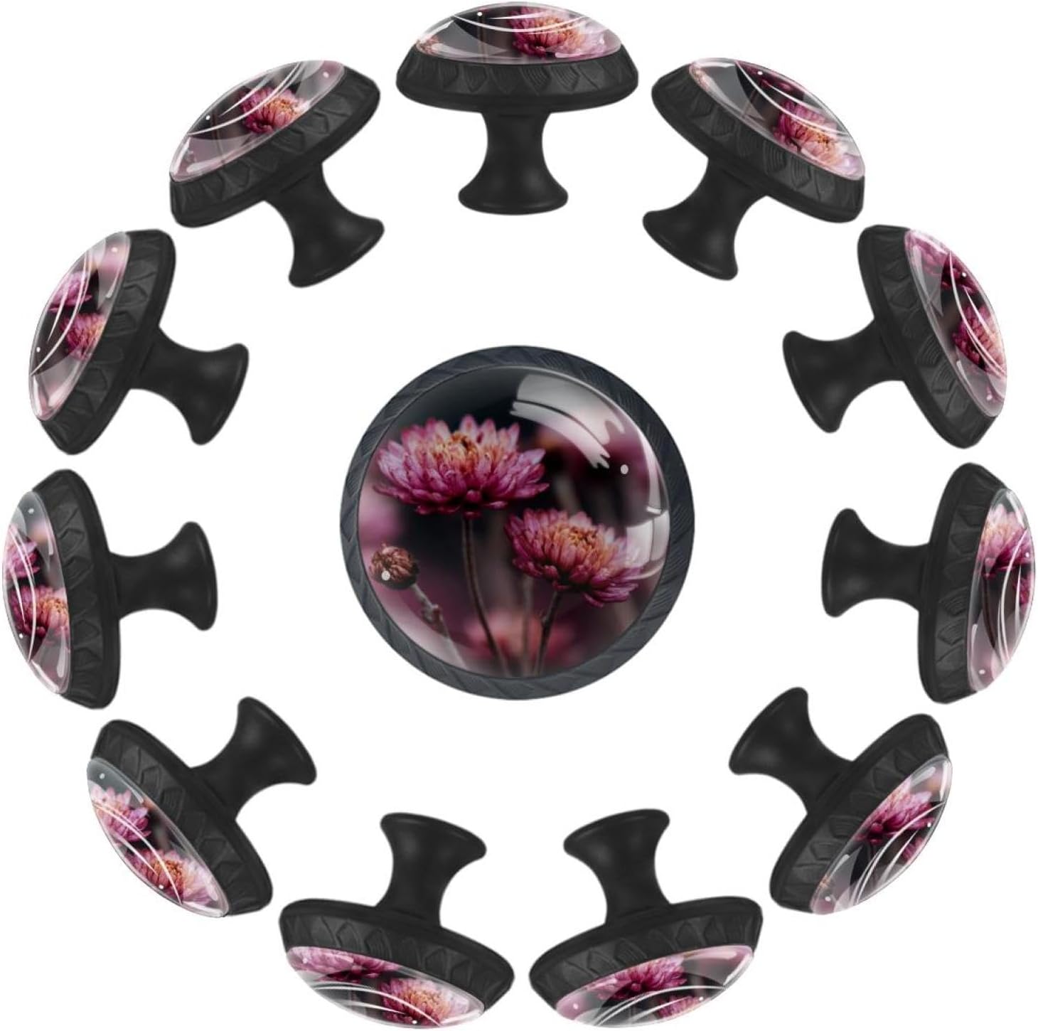 Black Flowers Pink Plant Floral (2) Pattern Drawer Knobs, Sturdy Furniture Knobs for Cupboard Wardrobe Dresser