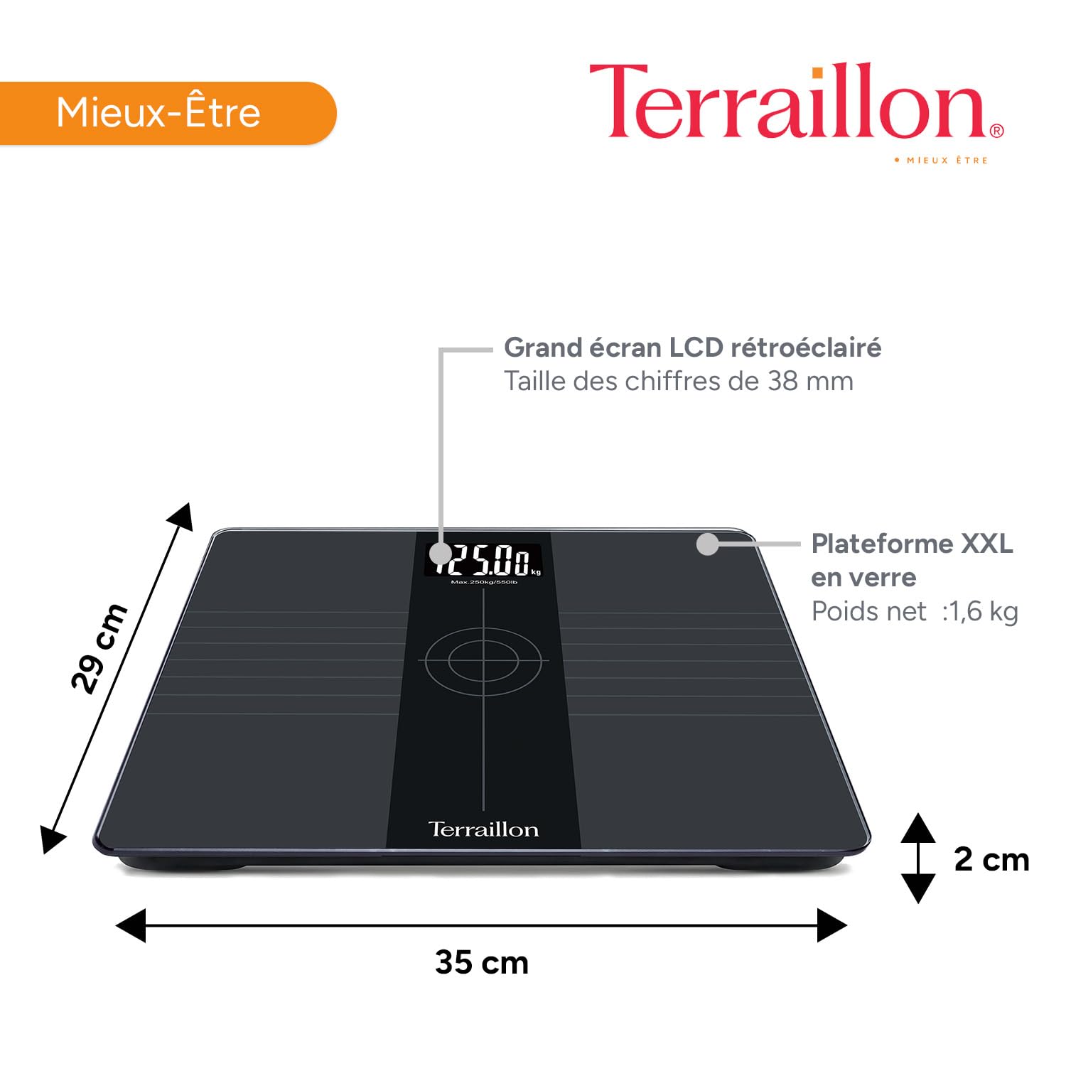 TERRAILLON - EVERY BODY- Pèse personne grande capacité, Balance avec plateau XXL 35x29cm, Capacité de 250 Kg, Grand écran LCD rétro éclairé, Précision 50g, Noir & Gris
