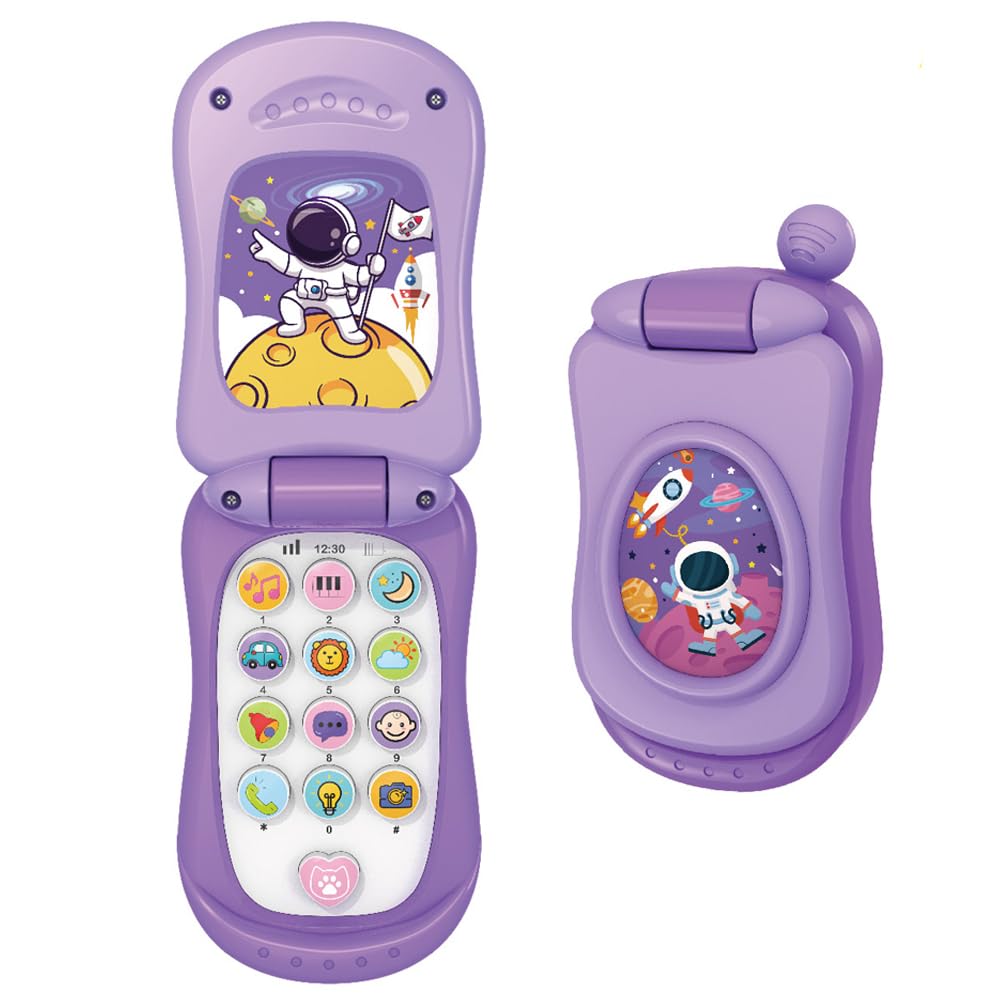 Kids Flip Phone Toy, Musical Learning Pretend Phone with Light & Sound, Educational Toy for Babies 12+ Months, Christmas Birthday Gift for Girls [No Call Function] (Purple Musical Toy)