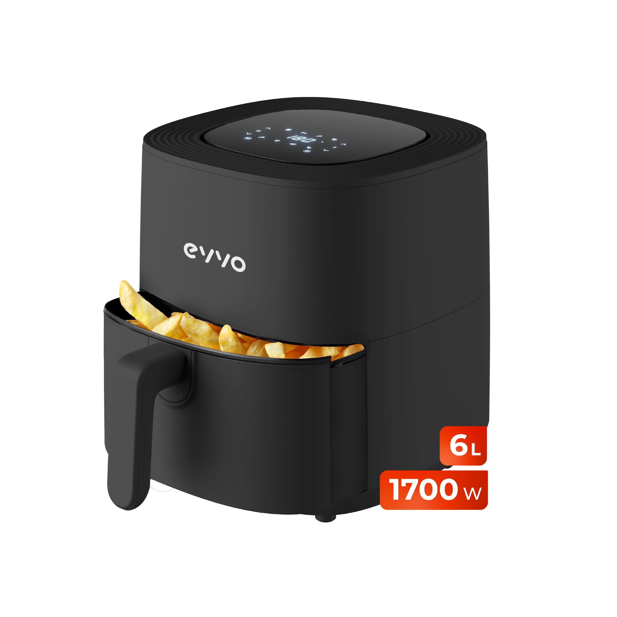 EVVO Freidora de aire sin aceite de 6L, 1700W, Recipiente Antiadherente, Tecnología Dual Cyclone, Multifunción, Hornea, Deshidrata, Descongela, hasta 200º, Apagado Automático (Color Negro)