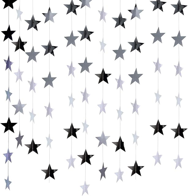NITAIUN 65 Feet Reflective Star Paper Garland Sparkling Star Bunting Banner for Birthday Holiday Wedding Anniversary Theme Party Supplies and Home Deco, Reflective Banner Backdrop, 2.76Inches(Silver)