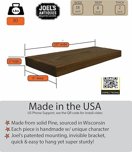 Miniatura 4 de joelsantiques - Estantes flotantes de madera de 18 pulgadas para pared - 18 x 8 x 2 pulgadas - Hechos de madera natural - Estantes de pared rústicos