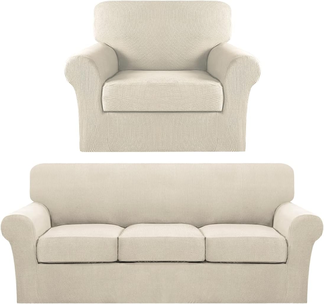 Turquoize 2 Piece Stretch Chair Covers Bundle 4 Piece Stretch Sofa Covers Individual Seat Cushion Covers, Biscotti Beige
