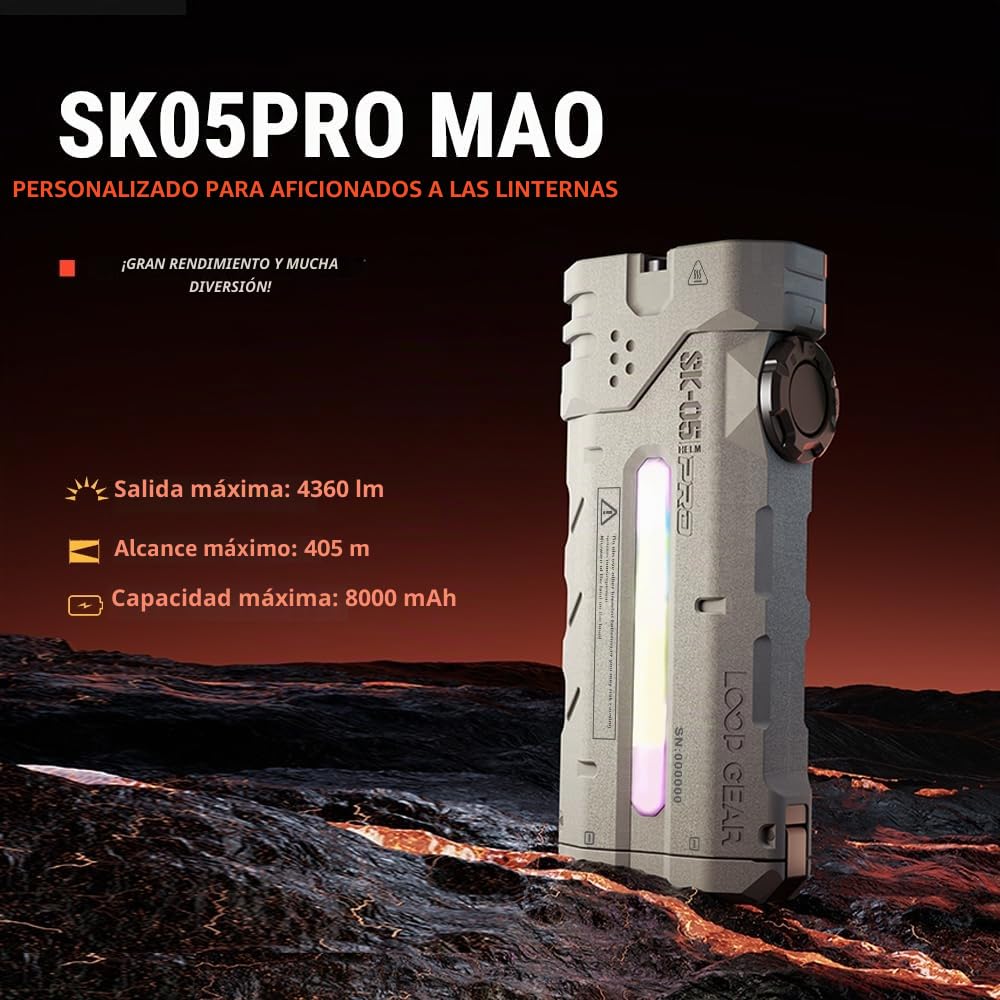LOOP GEAR SK05 PRO Mao EDC Linterna 4360 lúmenes, linterna LED recargable de 8000 mAh y banco de energía, modos de iluminación 3 en 1 (inundación/punto/luz lateral) para camping, senderismo