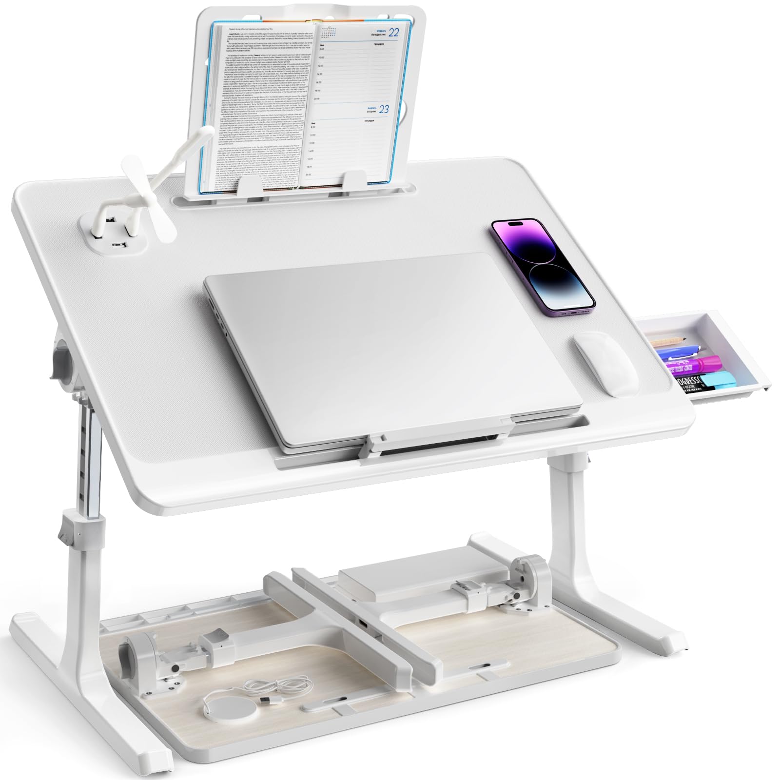 Dgear Laptop Bed Desk, Height Adjustable Laptop Desk for Bed, Extra Large Foldable Laptop Desk with Drawer, for Home Working, Writing, Reading (X-Large, White)