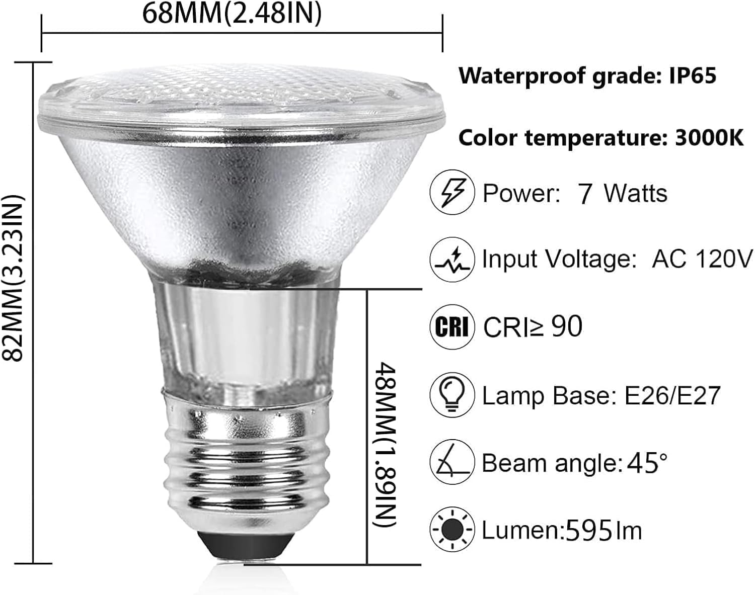 PAR20 7W LED Range Hood Light,E26 120V Dimmable Warm White 595lm, Waterproof IP65, Replacement 50W Halogen Cup. Spot Bulbs for Kitchen Appliances, Track Lighting, Outdoor Landscaping 2 Pack