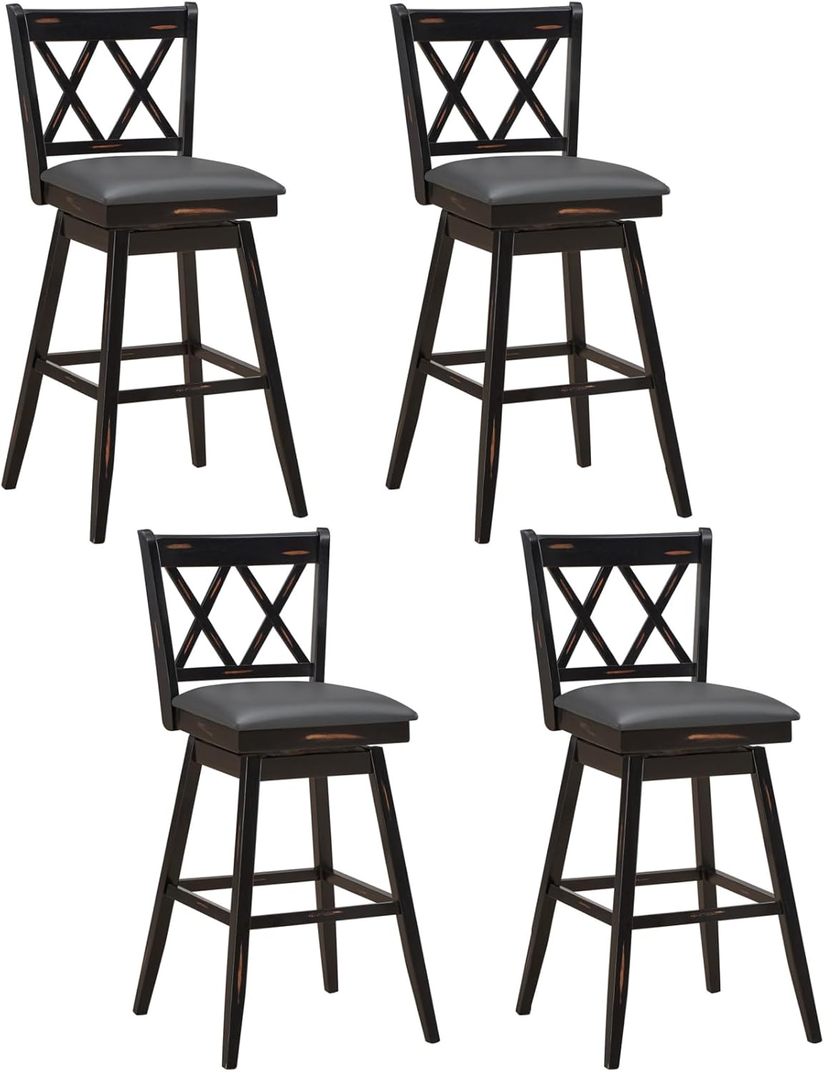 ERGOMASTER Bar Stools Set of 4 Counter Height Rubberwood, 360° Swivel Bar Height 29 inch Chair with Upholstered Cushion & Sturdy Frame Furniture for Kitchen, Garden, Home (4, Black, 29Inch)