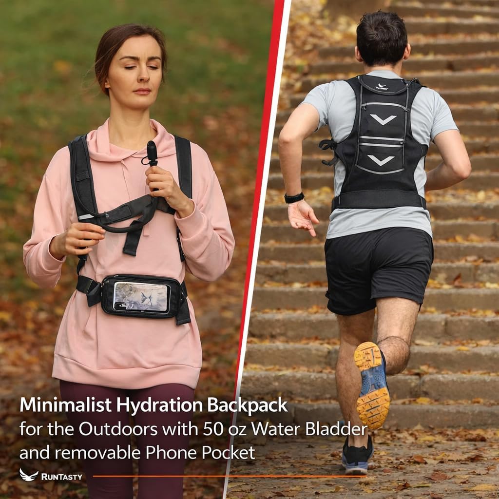 New Running Hydration Backpack Vest - w/50 oz Water Bladder Reservoir & Touchscreen Ready Phone Pocket - 360° Reflective & Water Resistant - Ideal for Hiking, Climbing, Cycling, Raves!