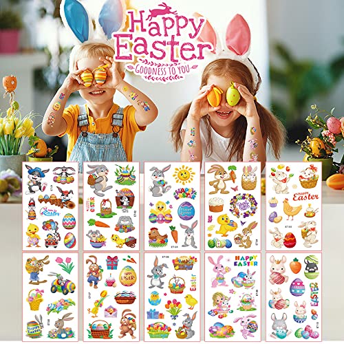 Easter Temporary Tattoos For Kids 10 Sheets Bunny Easter Egg Chicks Cartoon Design Tattoos Stickers Waterproof Fake Tattoos For Easter Day Party Favor Supplies Accessories #TOP1