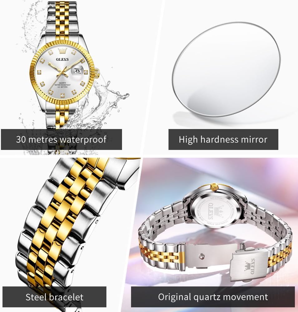 OLEVS Womens Watch Fashion Dress Diamond Female Watches for Ladies Analog Quartz Stainless Steel Waterproof Luminous Day Date Two Tone Wristwatch - Image 5