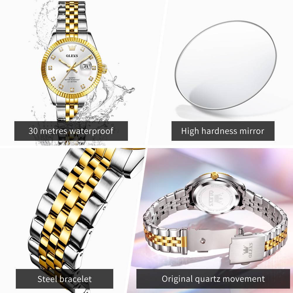 OLEVS Armbanduhr für Damen, silberfarben, Diamant-Damenuhren für kleines Handgelenk, luxuriös, Edelstahl, wasserdicht, analog, Quarz, Datum, elegant, Reloj para Mujer