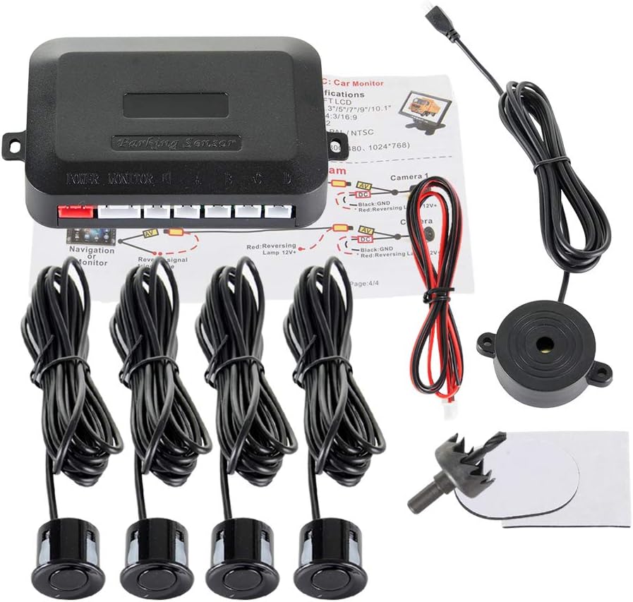 Car Reverse Backup Radar System Premium Quality 4 Parking Sensors Car Reverse Backup Radar System with Buzzer Beeps (Black)